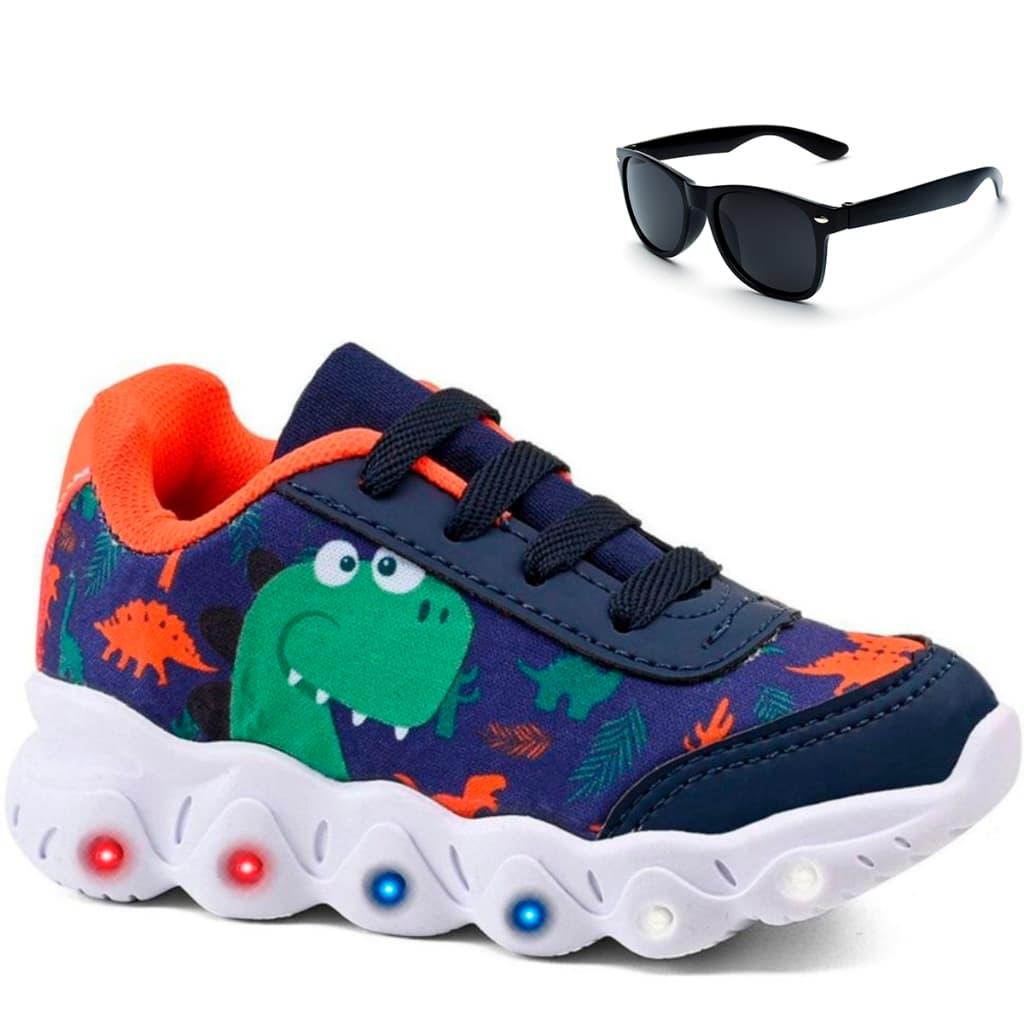 Kit Tênis Infantil Menino Dinossauro Casual Com Led + Óculos Infantil