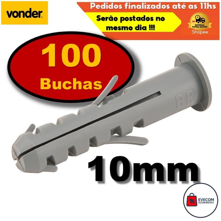 100 Peças Buchas 10mm de Fixação com Anel Para Concreto Parede Alvenaria Armarios Cantoneiras