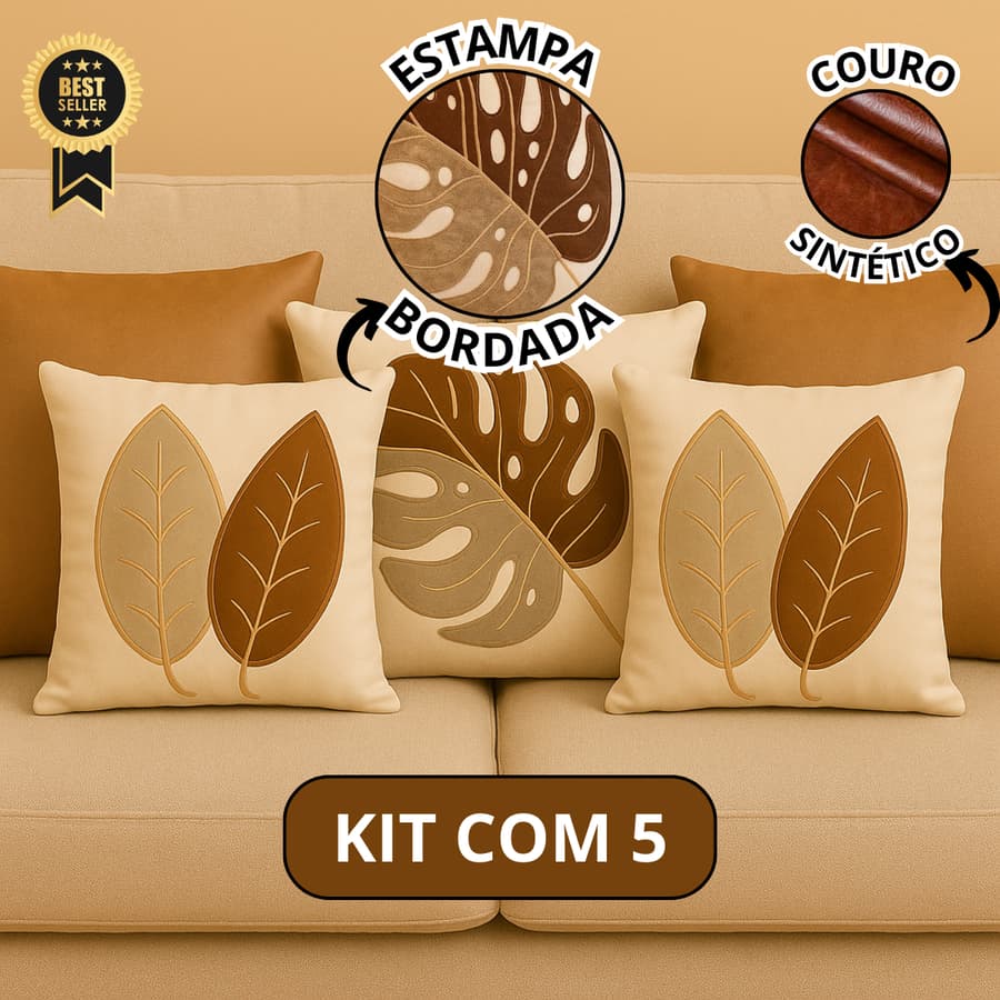 Kit 5 Almofadas Decorativas Couro Sintético e Linho Boho Luxo Chic Folhas Terracota Premium Decoração Sala Sofá