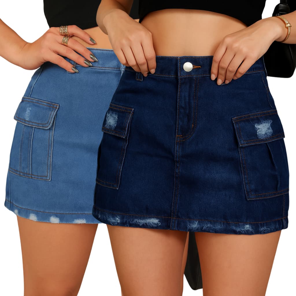 Saia Jeans Cargo Feminina Juvenil Azul Claro ou Escuro Rasgada com Bolsos Tamanhos 32 a 36