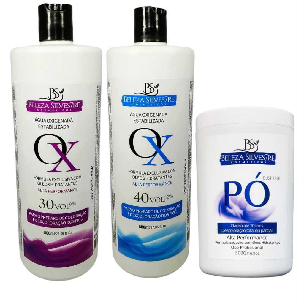 Kit Ox Água Oxigenada 800 ml 30/40 Vols + Pó Descolorante 500g  Beleza Silvestre Loiro Platinado