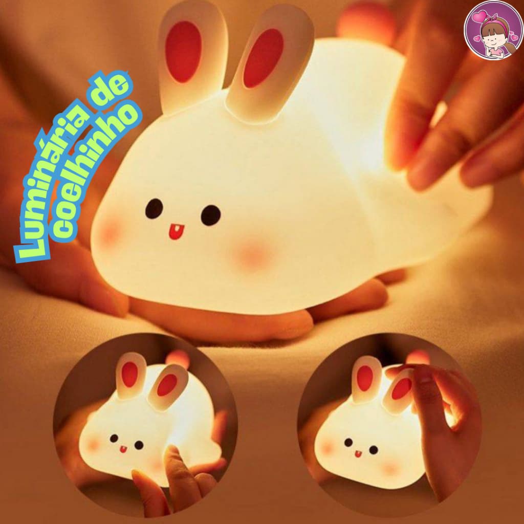 Luminaria Coelho Bichinhos fofos Silicone Led Abajur Infantil Luz Suave Cabo USB Recarregável