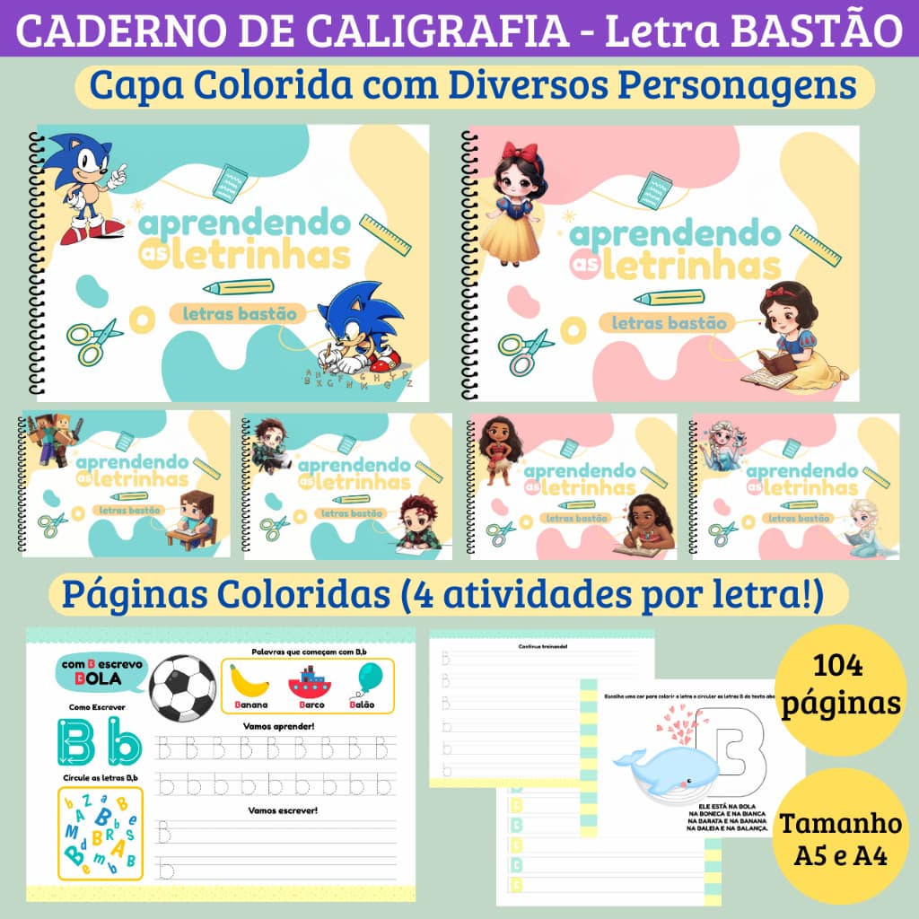 Caderno de Caligrafia 104 páginas Letra BASTÃO Colorido - Capa flexível (livro de caligrafia,  alfabetização infantil)