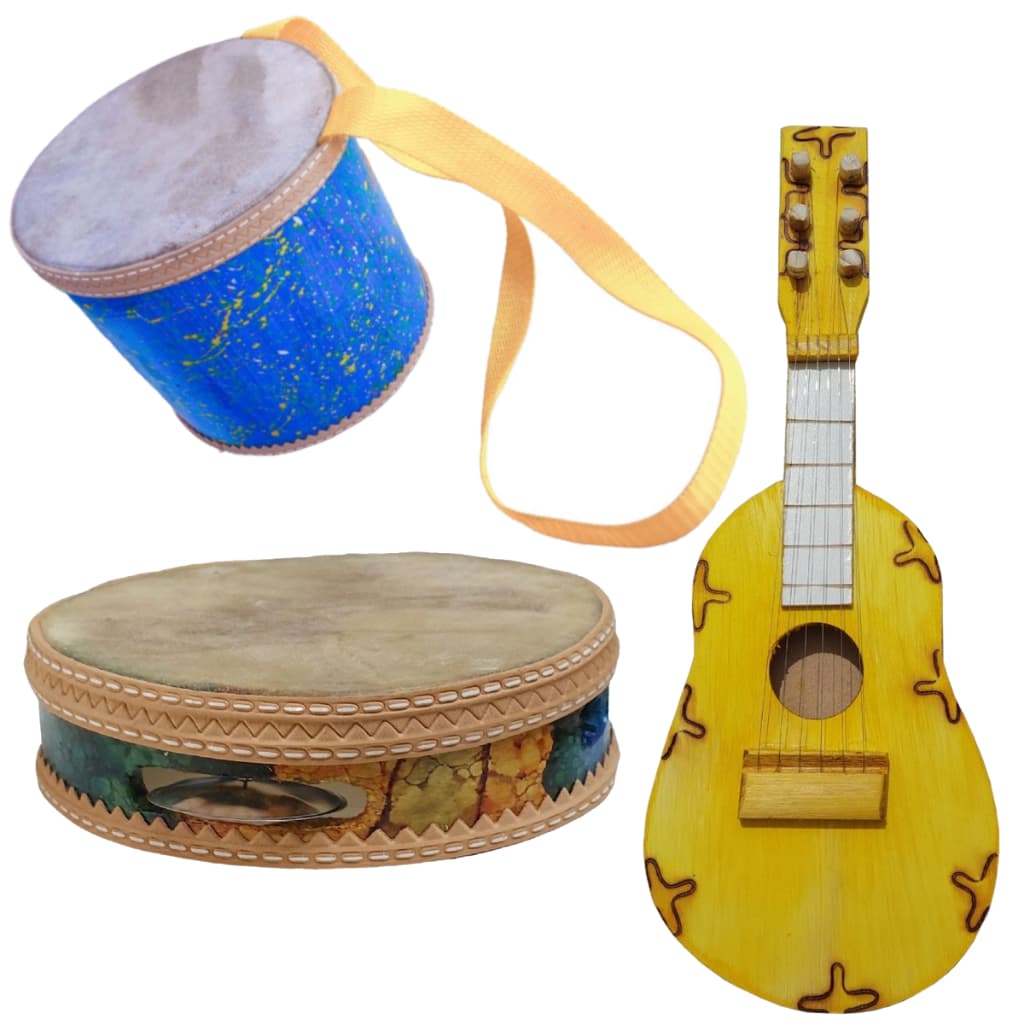 Kit Viola Artesanal + Tambor De Couro + Pandeiro Infantil