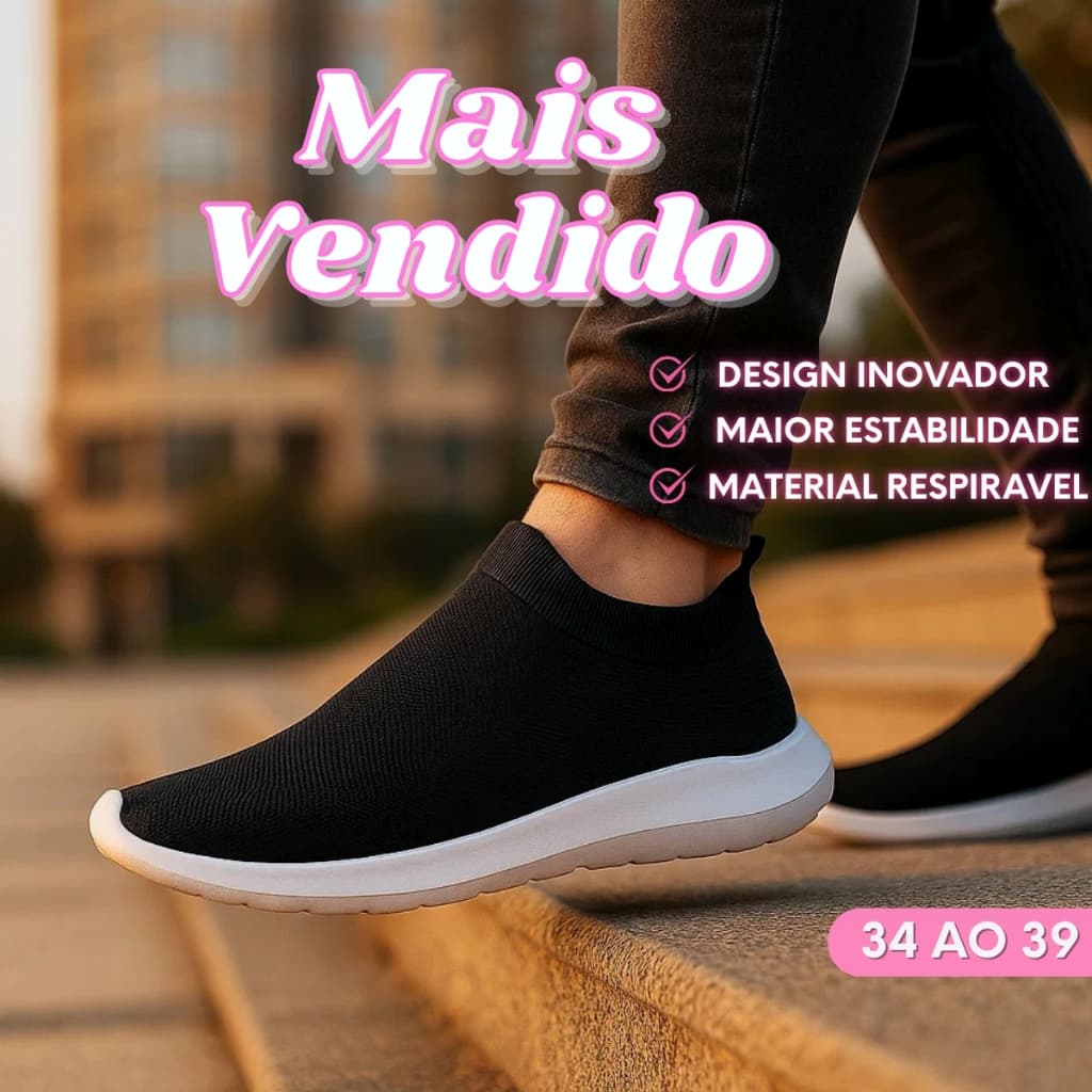 Tênis Meia Feminino Calce Fácil Flexível Sem Cadarço Leve