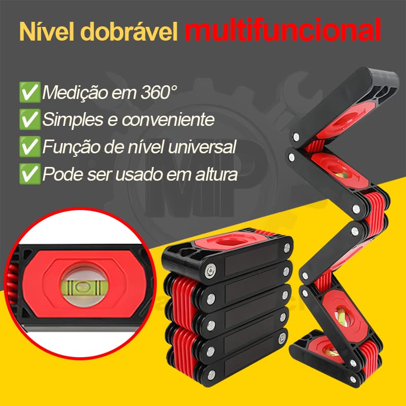 Nível Régua de Prumo Dobrável Magnético Profissional - 4 Bolhas para Construção Montagem e Medições