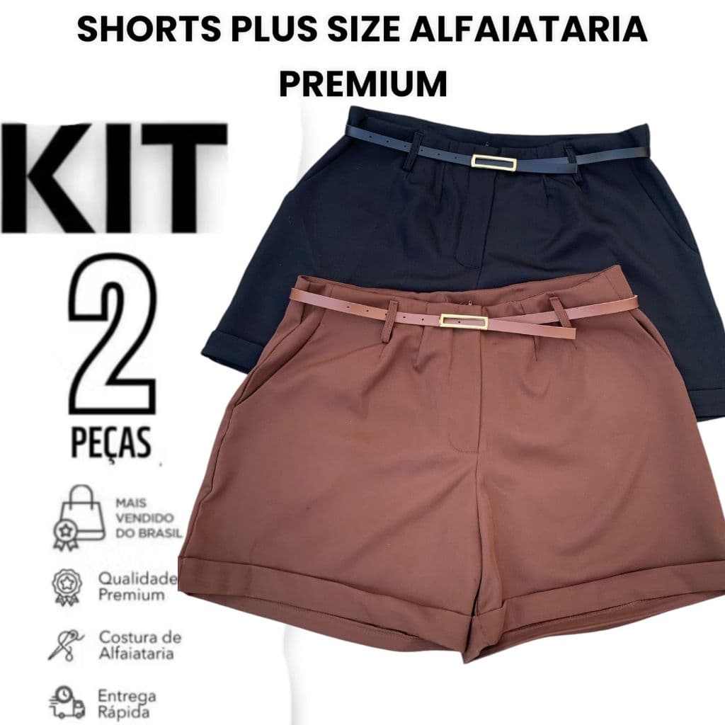 Kit 2 Shorts Plus Size Feminino De Alfaiataria Premium Com Cinto Elegante De Brinde short bermuda feminina plus Verão