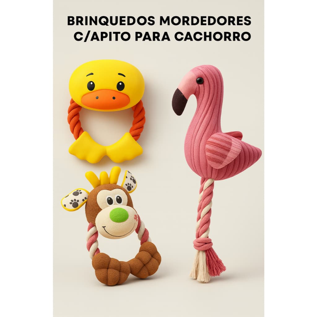 Kit Mordedores Filhote – Flamingo, Patinho, Alce + Estrela Pelúcia
