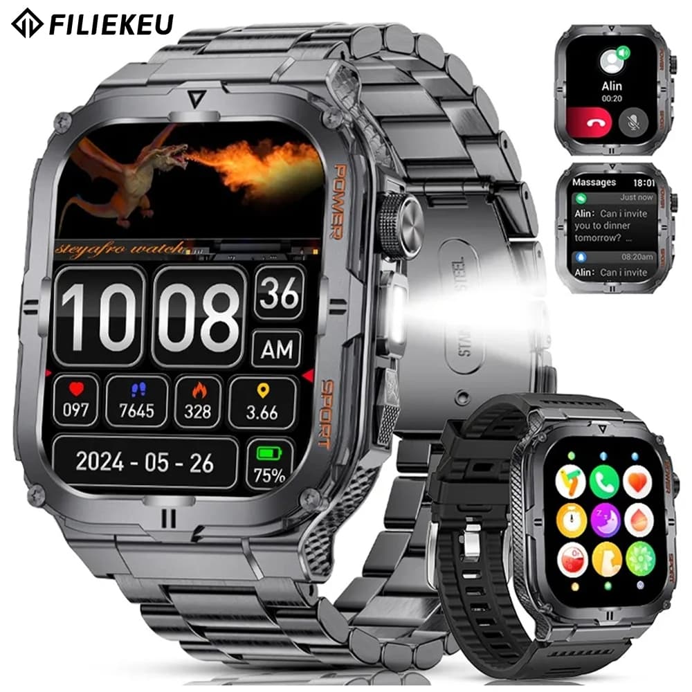 FILIEKEU Militar Smartwatch Lanterna 3ATM à prova d'água Esportes Ao Ar Livre Relógio Inteligente