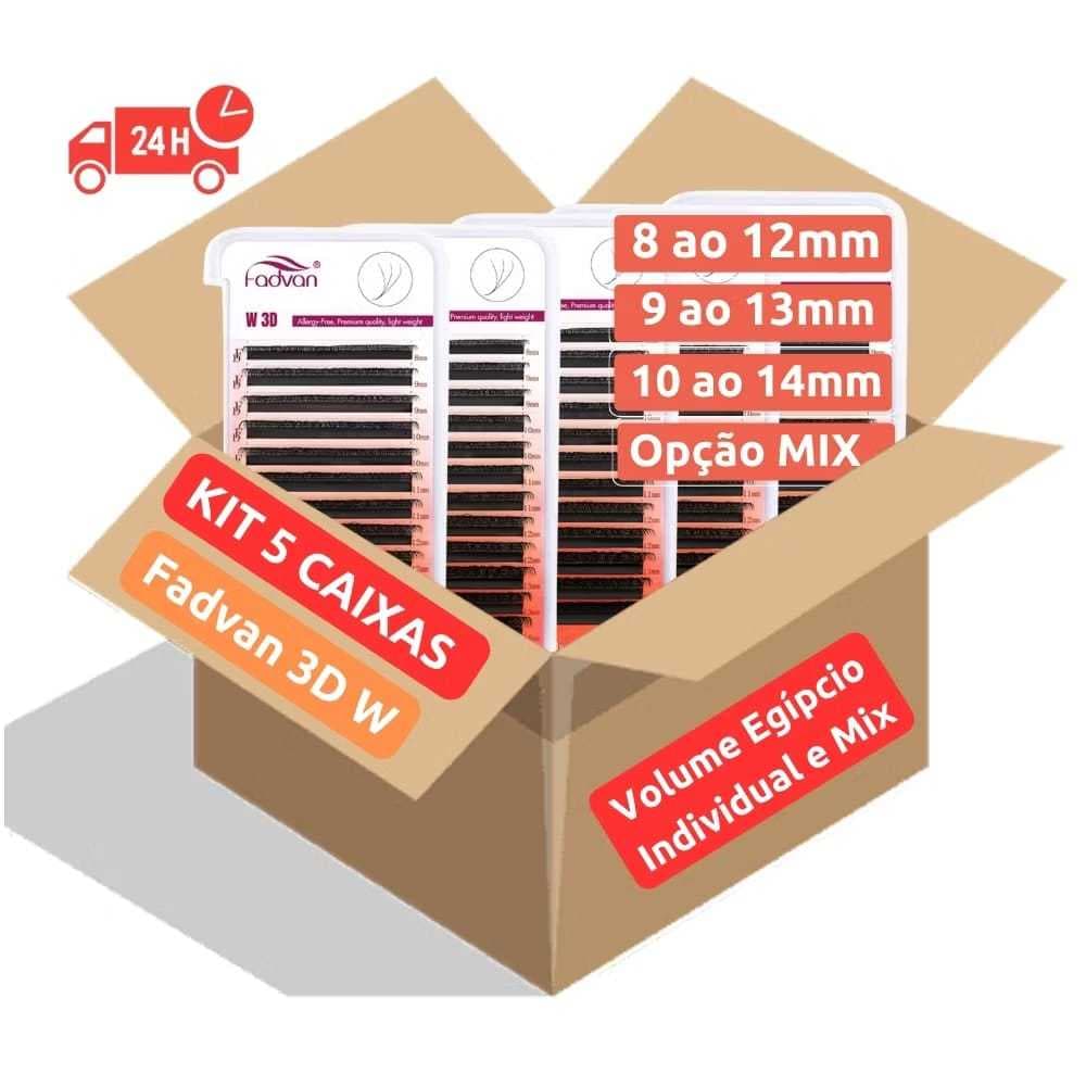 Kit 5 Cílios W3D FADVAN Original Volume Brasileiro Egípcio Alongamento Extensão D Cilios Volume Mega