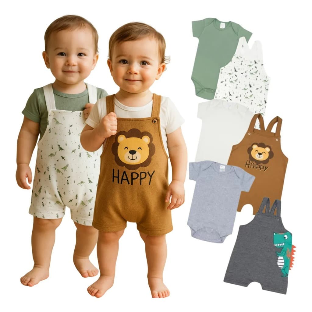 Kit Conjunto Bebê Jardineira Menino 6 Peças Sortidas -Verão - Body/Jardineira Tamanho P/M/G e 1 Ao 3