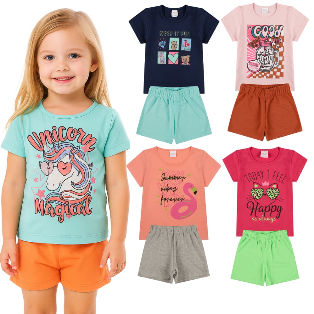 Kit 8 Peças de Roupa Infantil Menina Premium Verão 4 Blusas Estampadas + 4 Bermudas em Moletinho