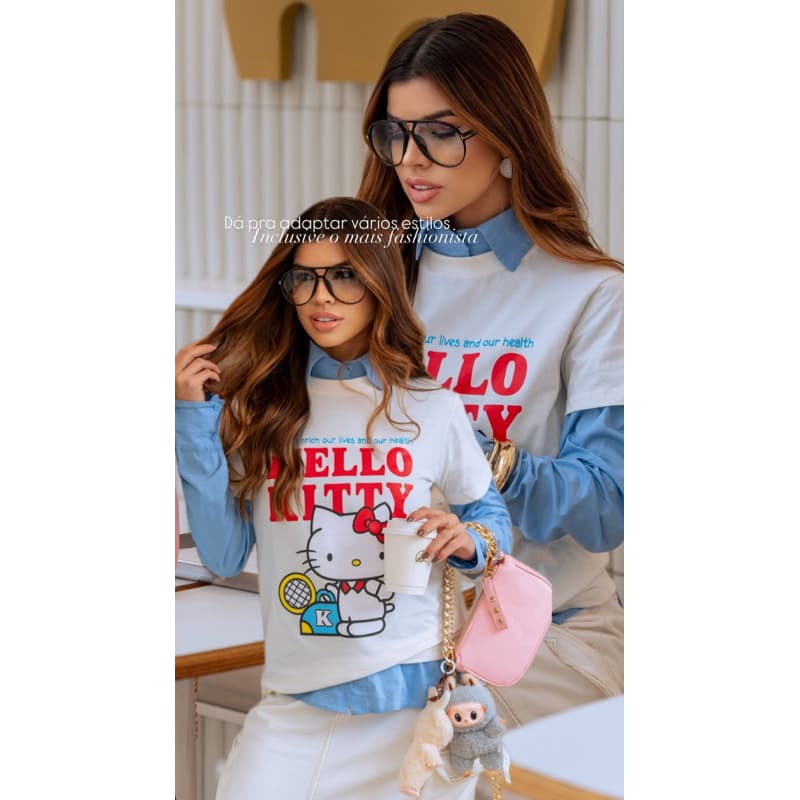 T-Shirt Max Over Plus Size Hello Kit Mangas Alongadas
