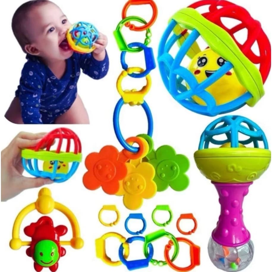 Kit 8 peças Mordedor para Bebe Sensorial Macio com Chocalho Bolinha Mordedor Silicone Baby Ball