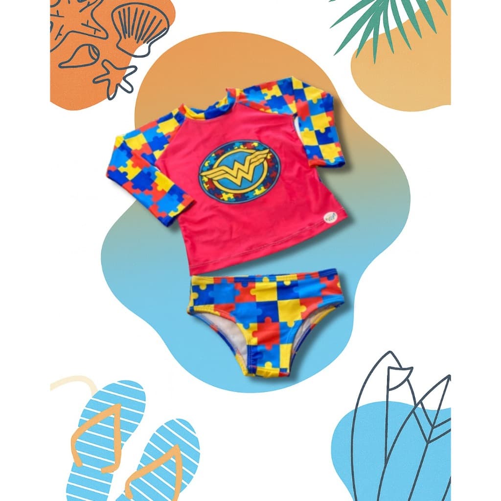 Roupa Praia Autismo Infantil Feminino UV50+ Camisa Manga Longa + Calcinha