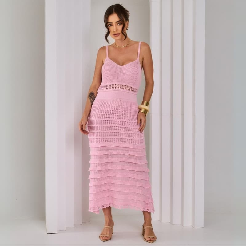 Vestido Midi Tricô Modal Babado Feminino Alça Fina Ajustado Elegante Verão 2026