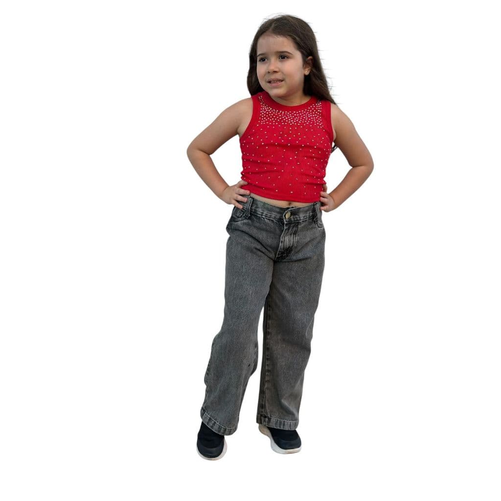 Calça Jeans Wide Leg Infantil Preta Marmorizada Tamanhos 4 ao 10