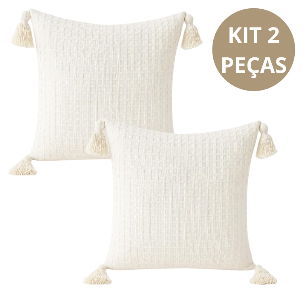 Capas de Almofada Estilo em  Boho Chic 45x45cm | Duas Peças– Algodão Piquet Cru com Detalhes em Pompons