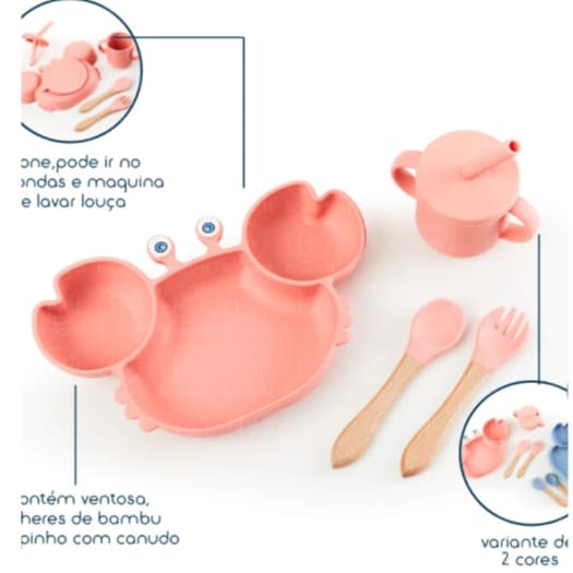 Kit Infantil Prato Carangueijo com 3 divisórias Copo Canudo Colher e Garfo em Silicone com ventosa