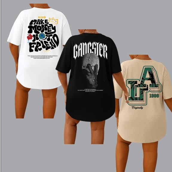 KIT 3 Camiseta Feminina Blusinha Algodão PlusSize La verde Gangster Make Money Streetwear Rua Casual