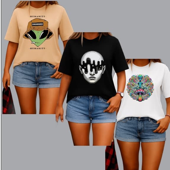 KIT 3 Camiseta Feminina Blusinha Algodão PlusSize Et Alucinação Rosto Encaixe Swaghouse Streetwear