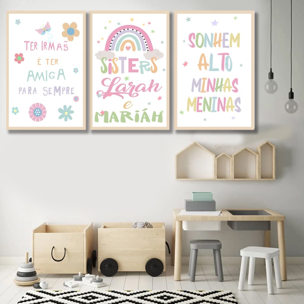 QUADRO PARA QUARTO DE IRMÃS SONHEM ALTO PERSONALIZADO COM NOME INFANTIL