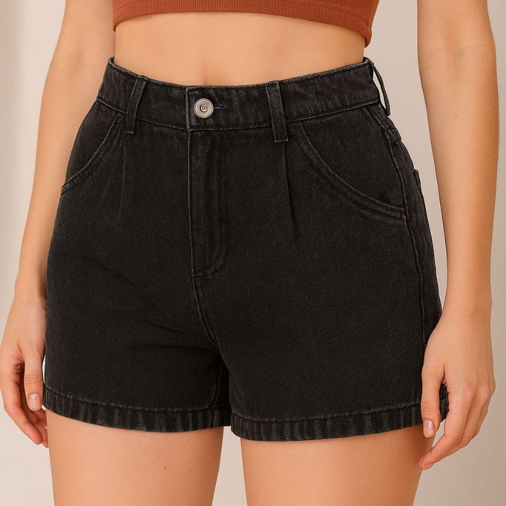 Bermuda Short Feminino Mom Jeans  Baggy  Marmorizado Barra Dobrada Bolsos