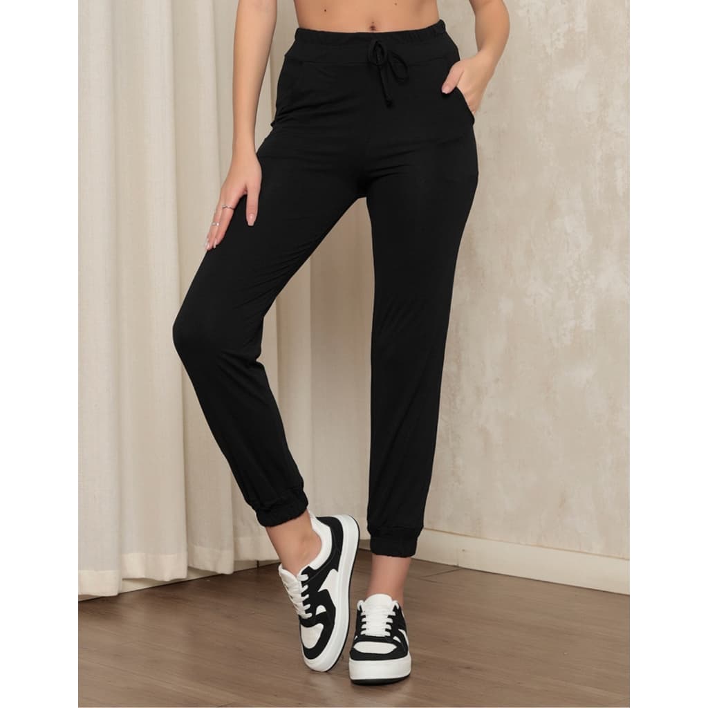 Calça Feminina Jogger Cintura Alta Básica Bolsos Frontais Confortável Estilosa Versátil Casual Leve