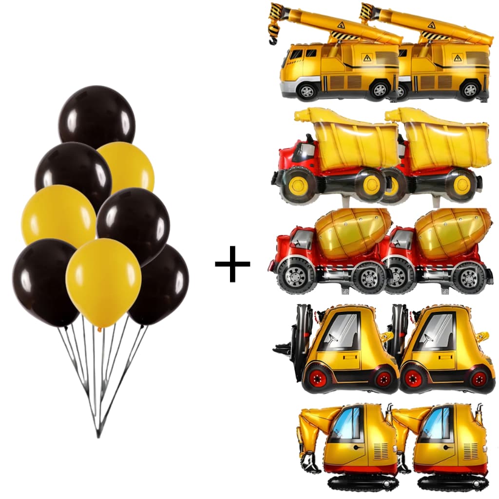 Kit 10 Balões Metalizados Caminhões + 10 Liso Preto + 10 Liso Amarelo Festa Aniversário Envio Top