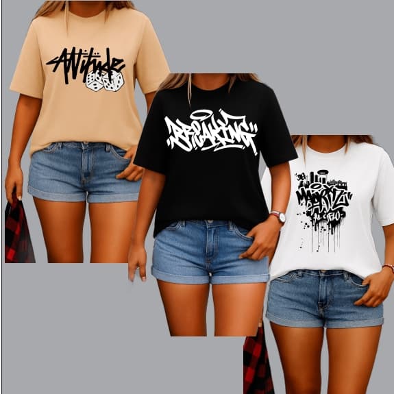 KIT 3 Camiseta Feminina Blusinha Algodão PlusSize Breaking Atitude Grafite Al Cielo Streetwear