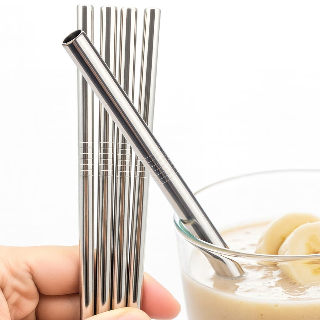 Kit Canudos Aço Inox Retos Para Vitamina, Milk Shake 12mm Prata + Escova de Limpeza