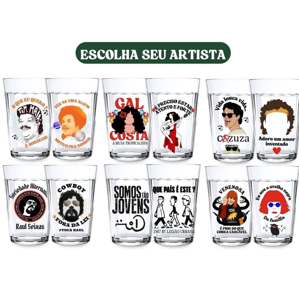Kit 2 Copos Americanos Temático Rock Nacional Rita Lee Raul Seixas Legião Tim Maia Cazuza Gal Costa