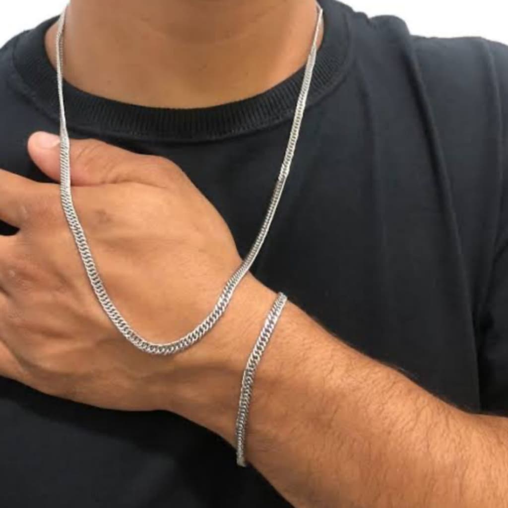 Conjunto Corrente e Pulseira Grumet Elo Duplo Masculino 4mm 70cm Prata Mista