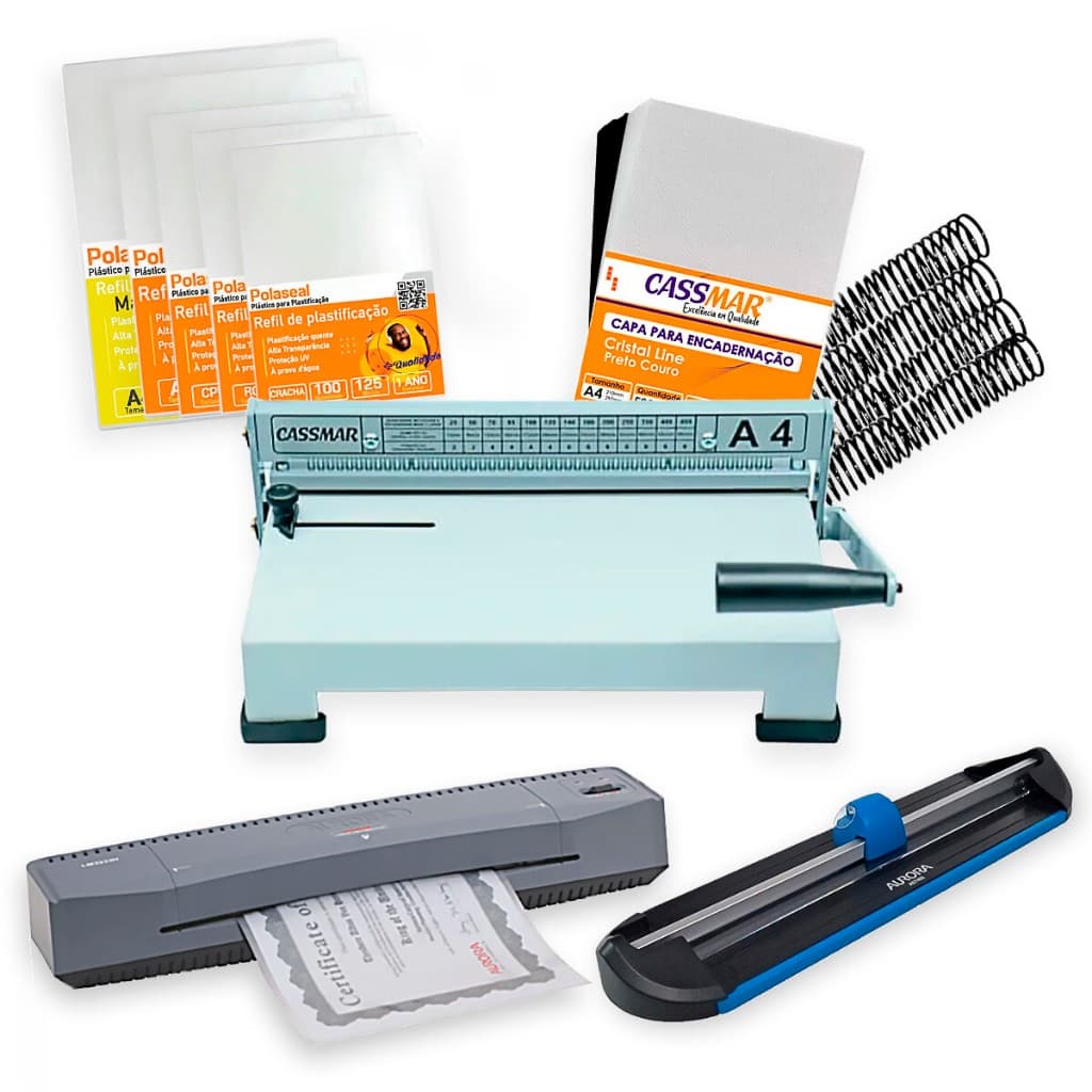 Kit Encadernadora + Plastificadora + Refiladora + Insumo 220