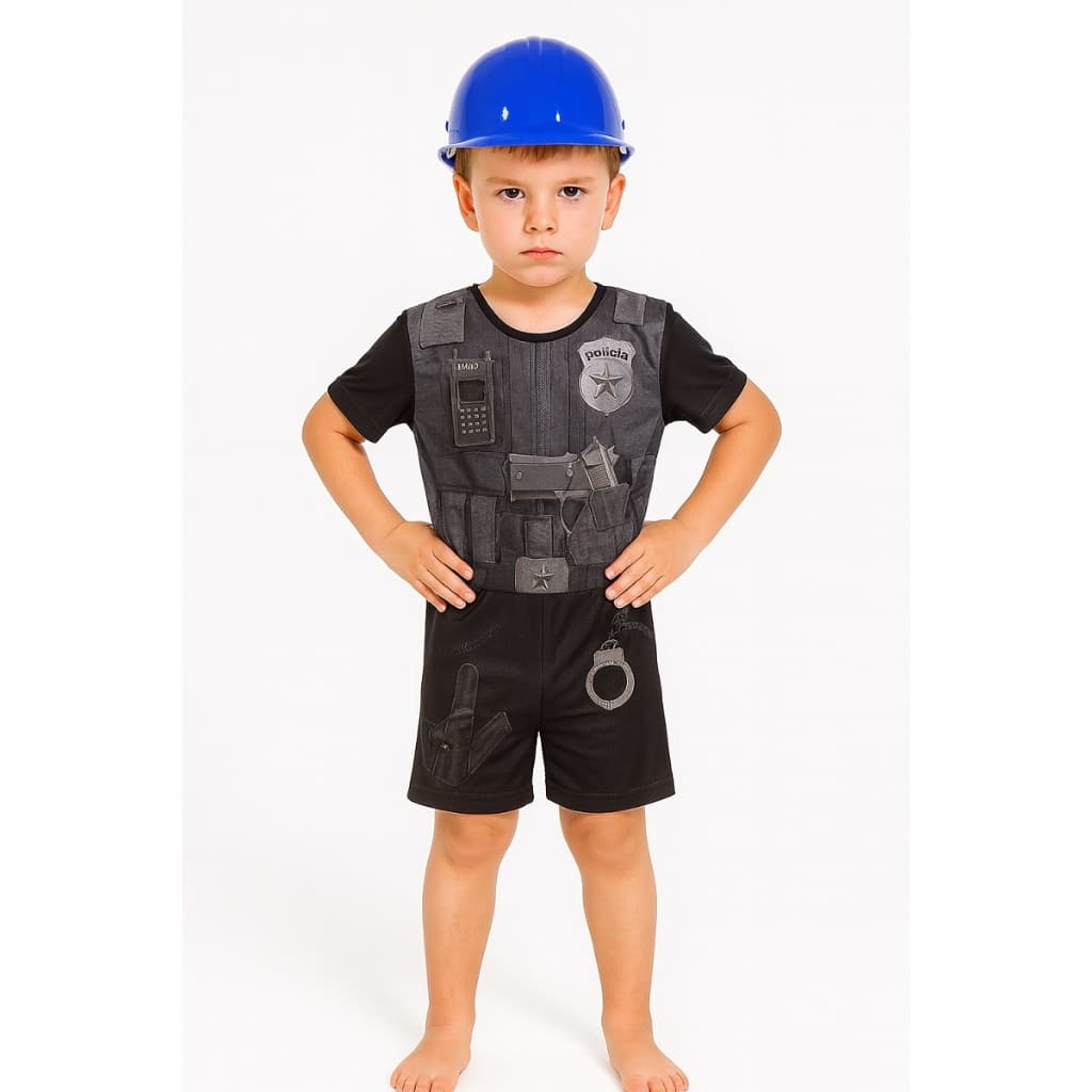 Fantasia Policial Infantil Preta  acompanha Capacete de Plástico