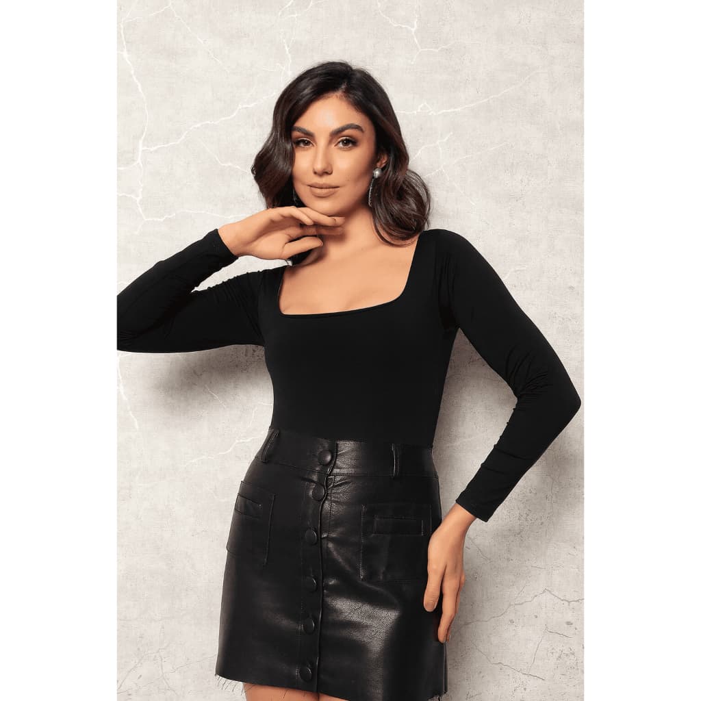 Body Feminino Básico Gringa Manga Longa Gola Alta Quadrado