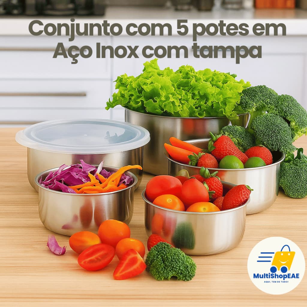 Kit com 5 potes Herméticos com Tampa- Conjunto Condimentos Inox Cozinha -Jogo de Tigelas Mantimentos