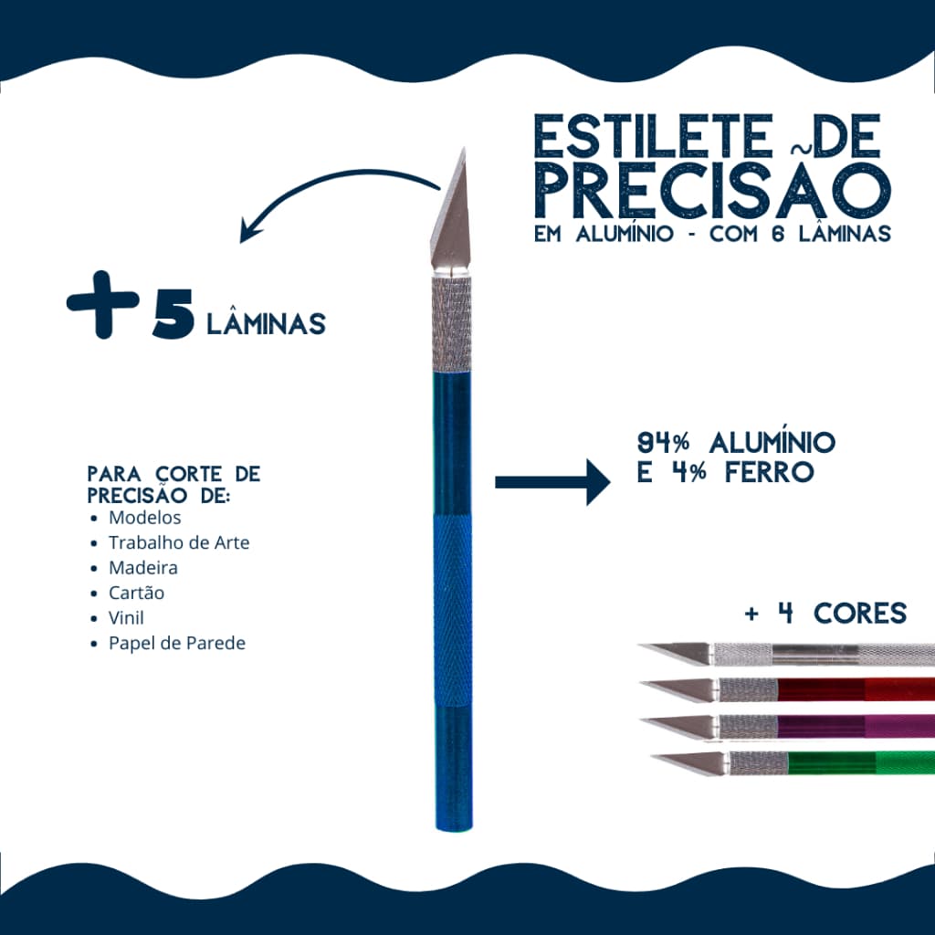 Estilete De Precisão em Alumínio Com 6 Lâminas Afiadas - Várias Cores - Fácil de Manusear  - AVIVV