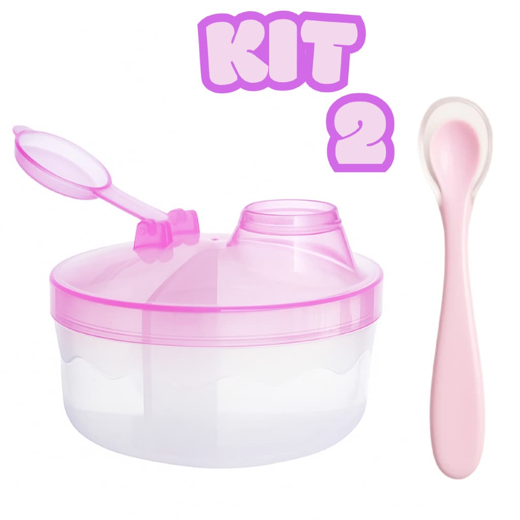 Porta Leite em Pó para Bebê c/ 3 Divisórias + Colher c/ Ponta de Silicone