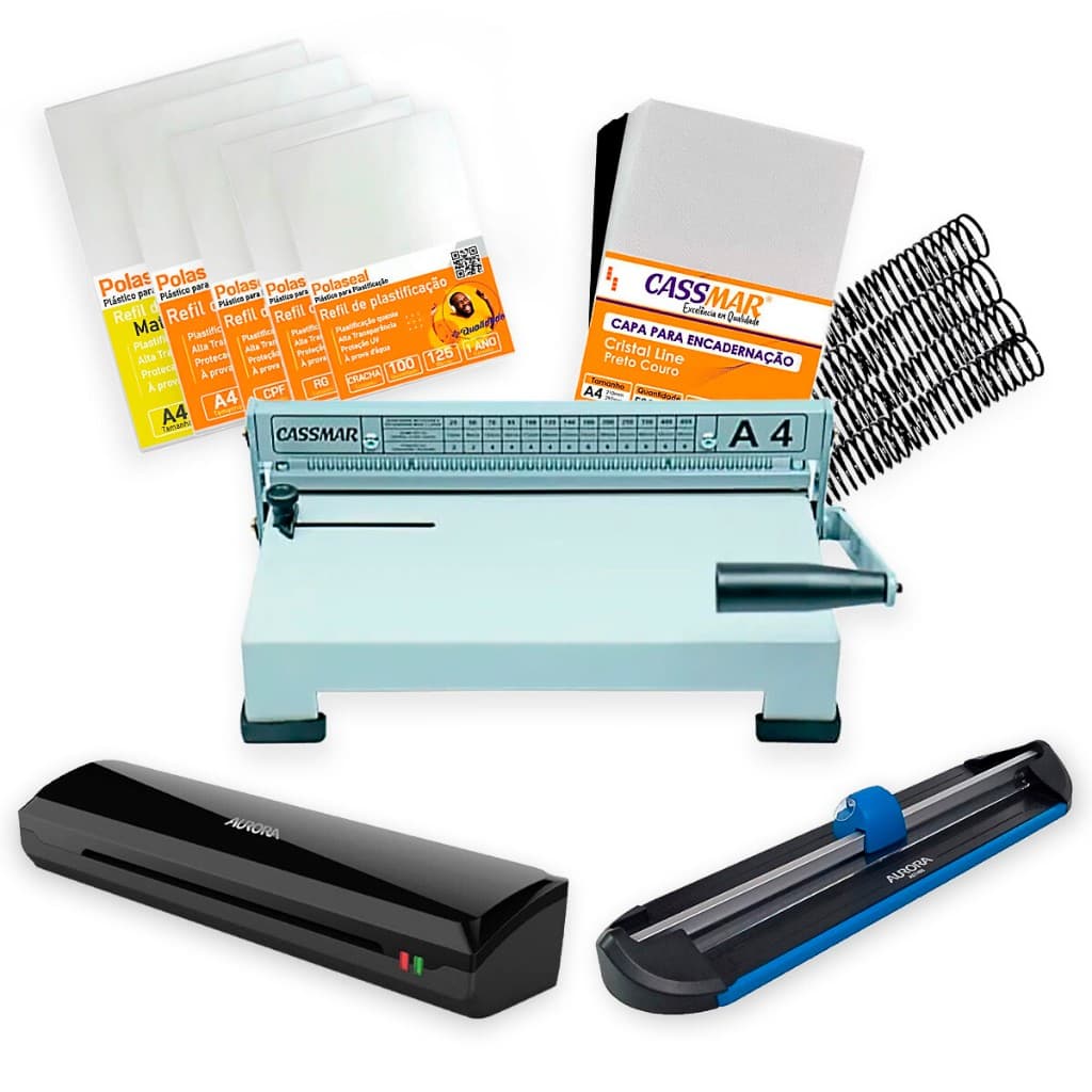 Kit Encadernadora + Plastificadora + Refiladora + Insumo 110