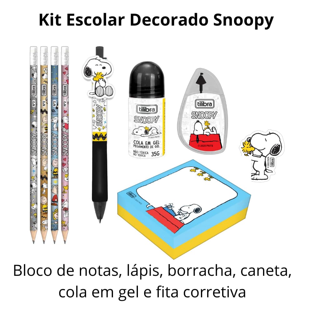 Kit Escolar Snoopy Tilibra Lápis Borracha Cola Corretivo Caneta Adesivo