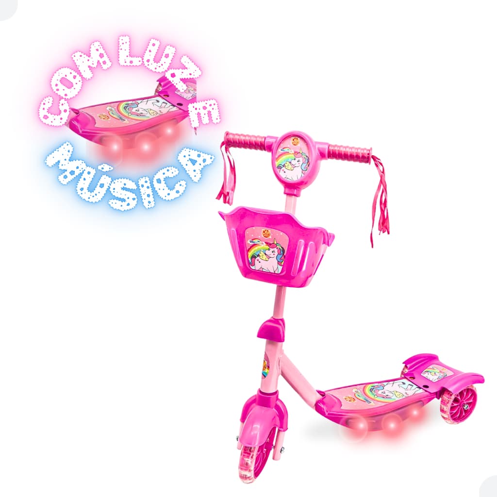 Patinete com Cesta Unicórnio Luz Led Som Musical até 35Kg Ajustável