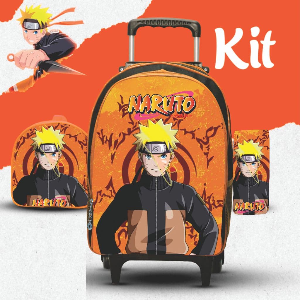 Kit mochila escolar Naruto com lancheira e Estojo - Carrinho com Rodinhas - Menino - Masculino