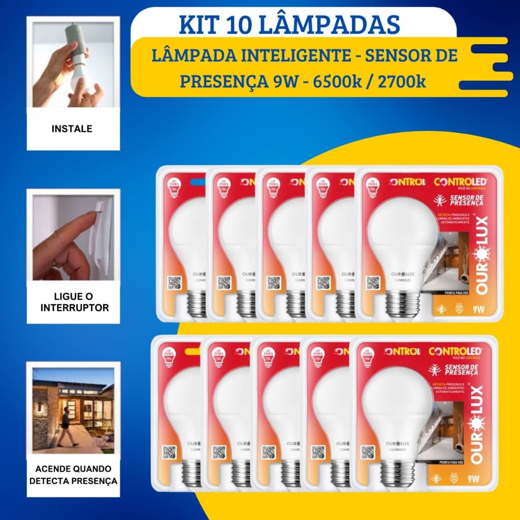 Kit 10 Lâmpadas Sensor de Presença 9W Controled 6500K / 2700k 1 Ano Garantia