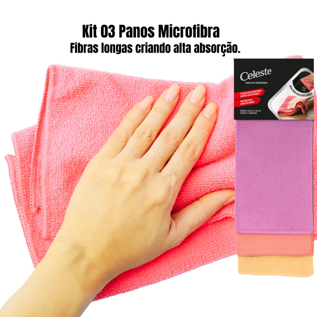 03 Panos Microfibra Kit Celeste Casa Limpeza Superfície Vidros Moveis Brilho Lustrador Aço