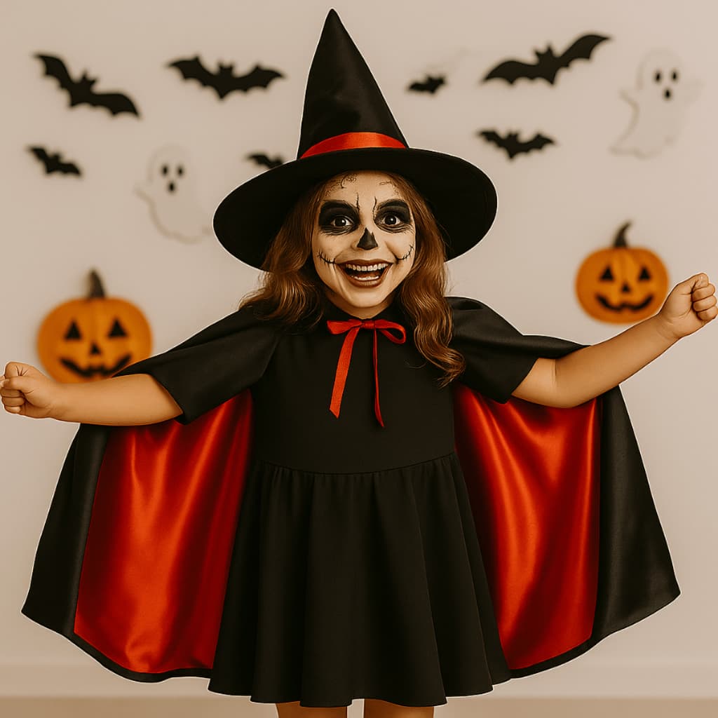 Capa Halloween Infantil Dupla Face Fantasia GRÁTIS Chapéu Bruxa