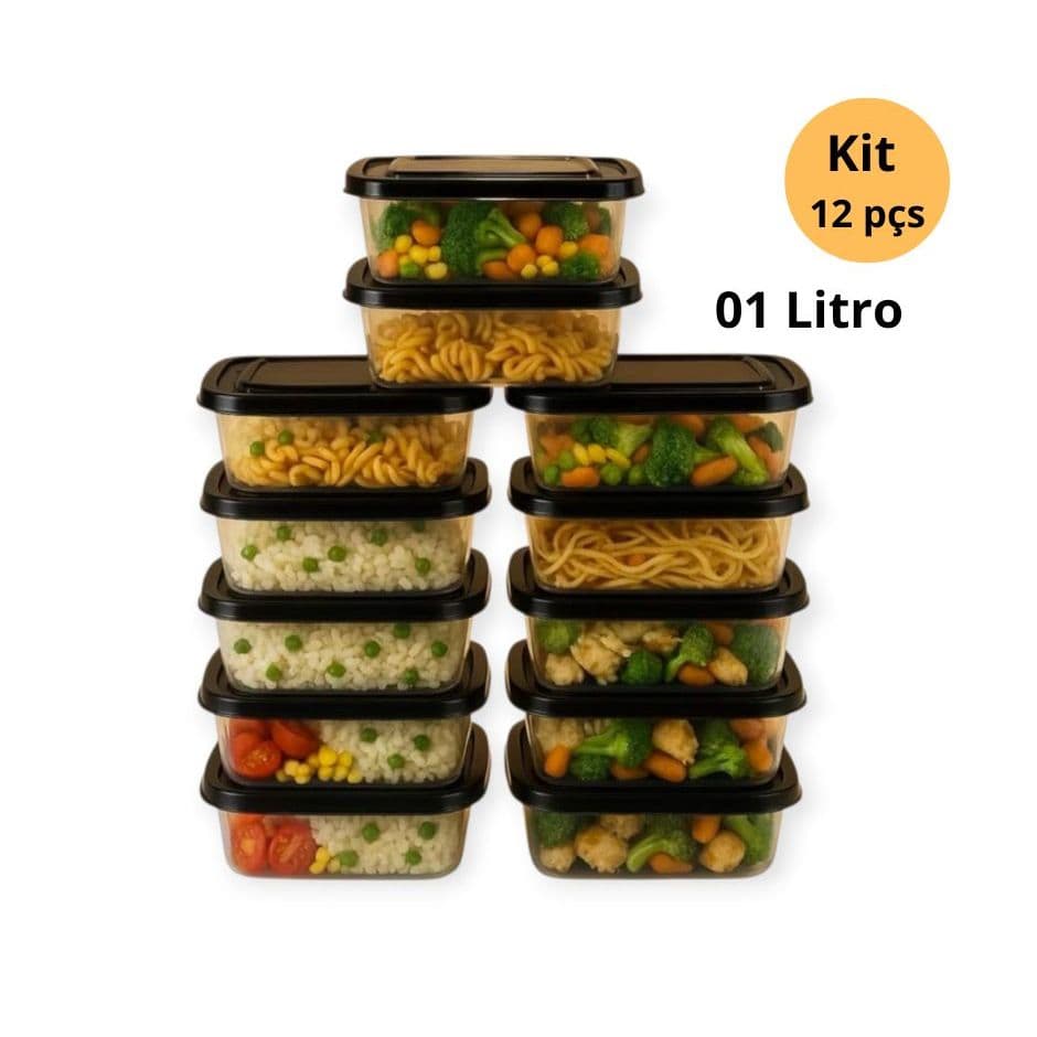 Kit 12 Potes Transparente 01 Litro Marmita Fitness Freezer Congelador Microondas Reutilizável