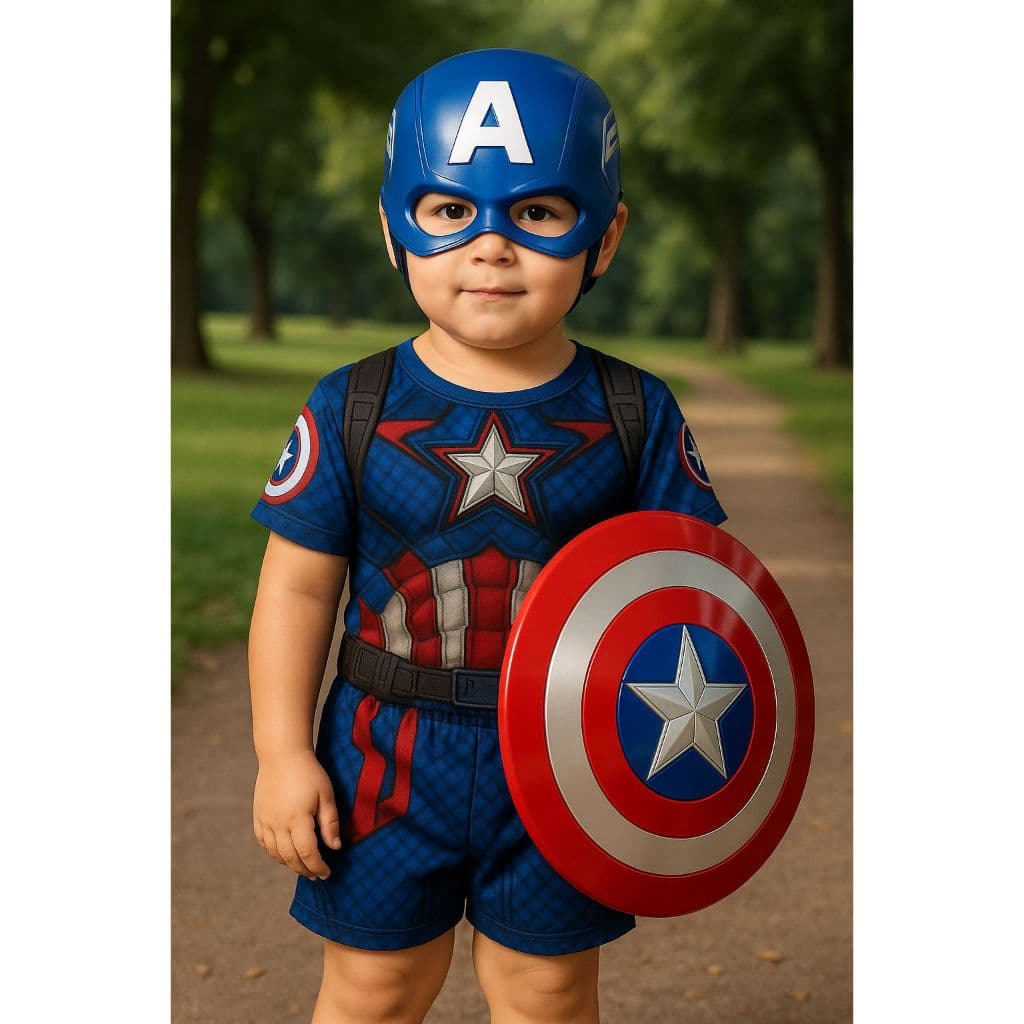 Fantasia Roupa Infantil Do Capitao America Com Escudo E Mascara de Plastico