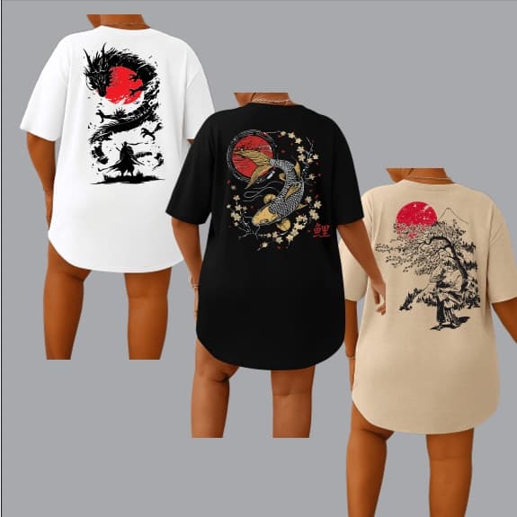 KIT 3 Camiseta Feminina Blusinha Algodão PlusSize Dragão Carpa Dourada Arvore Sol Streetwear Premium