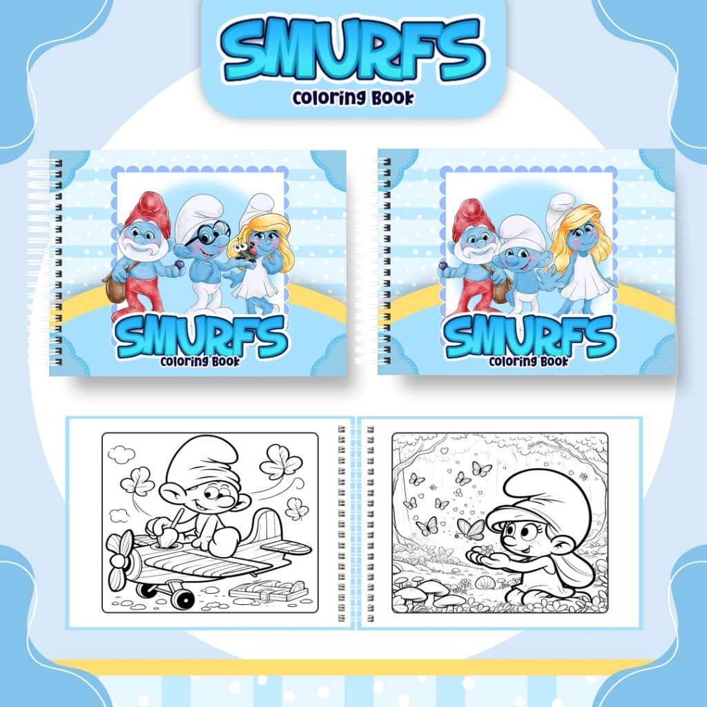 Livro de Colorir Smurfs A5 (14,8x21cm) 50 Desenhos Folhas 180g Capa Dura Holográfica ou Brilhosa